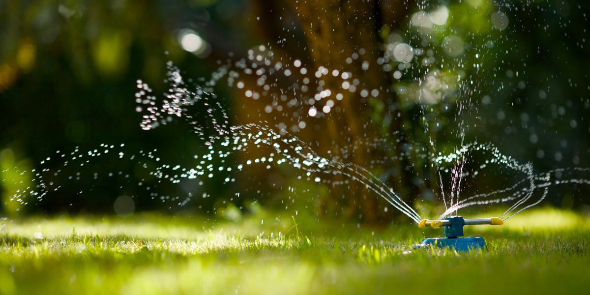 Droplets of water spread by a sprinkler for summer watering for new trees in Raleigh.