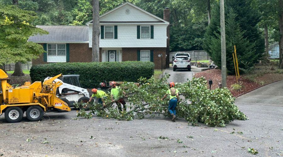 Crew removes tree debris after a storm in Wake County, North Carolina